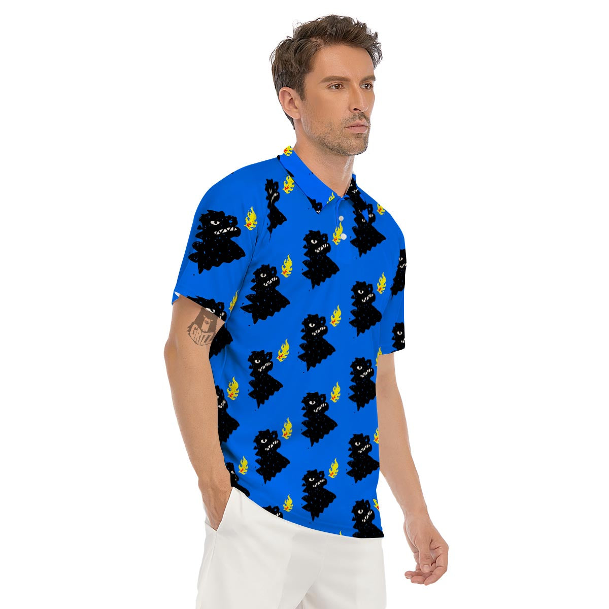 Godzilla Japanese Pattern Print Men's Golf Shirts-grizzshop