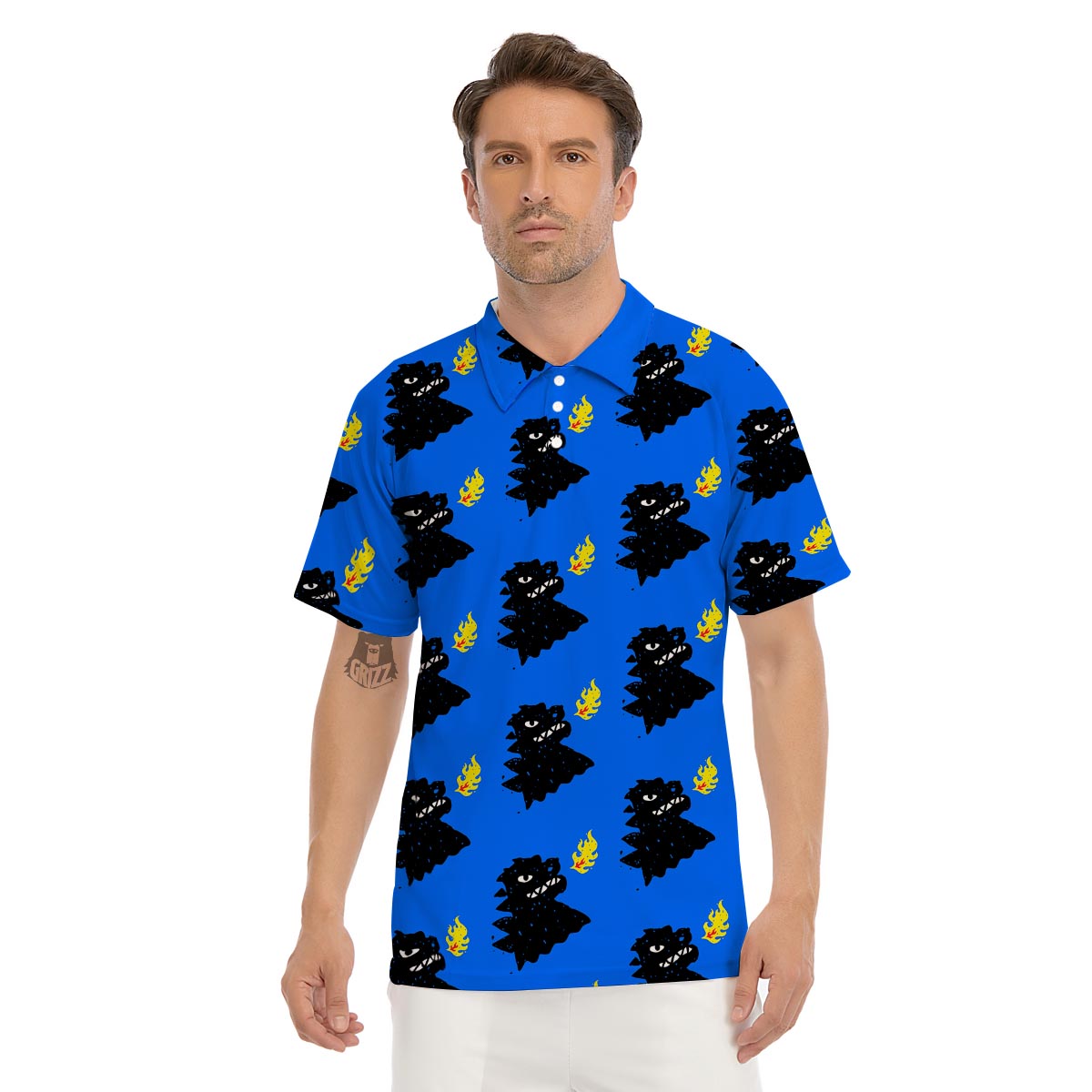 Godzilla Japanese Pattern Print Men's Golf Shirts-grizzshop