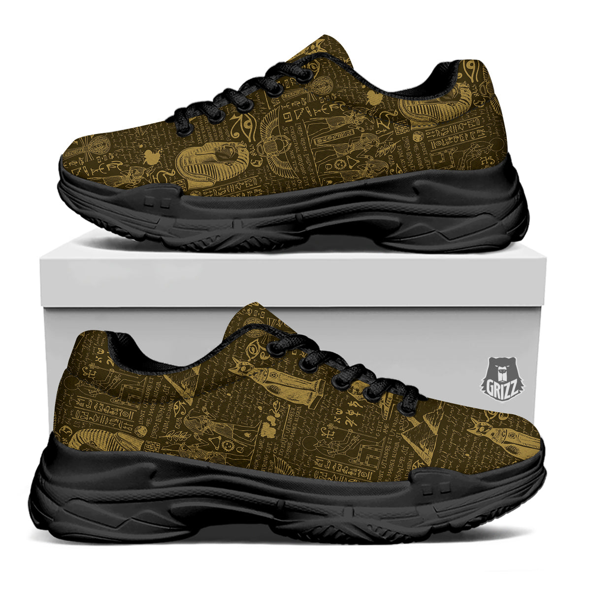 Gold Ancient Egypt Print Pattern Black Chunky Shoes-grizzshop