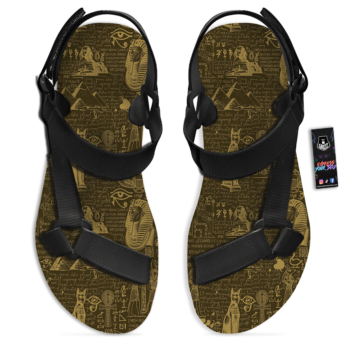 Gold Ancient Egypt Print Pattern Black Open Toe Sandals-grizzshop