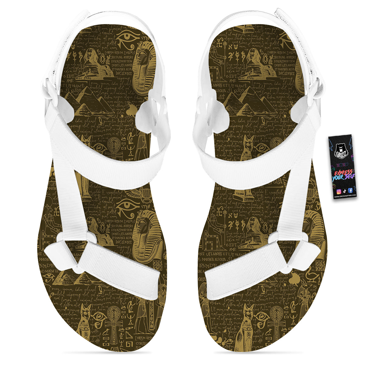 Gold Ancient Egypt Print Pattern White Open Toe Sandals-grizzshop