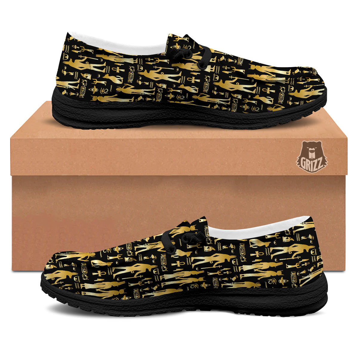 Gold And Black Egypt Ancient Mythology Print Pattern Black Loafers-grizzshop