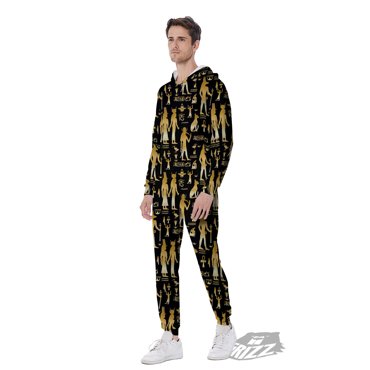 Gold And Black Egypt Ancient Mythology Print Pattern Men's Jumpsuit-grizzshop