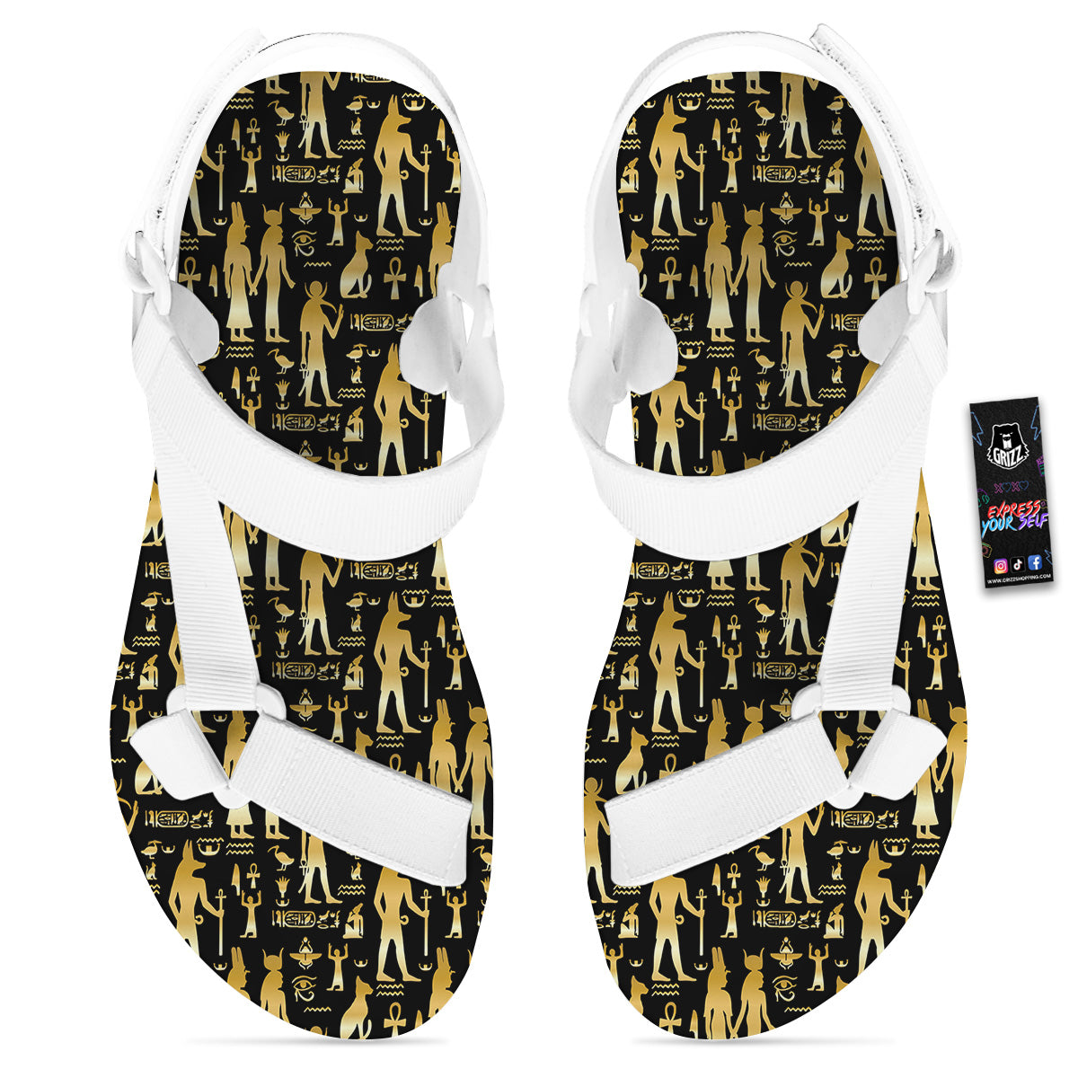 Gold And Black Egypt Ancient Mythology Print Pattern White Open Toe Sandals-grizzshop