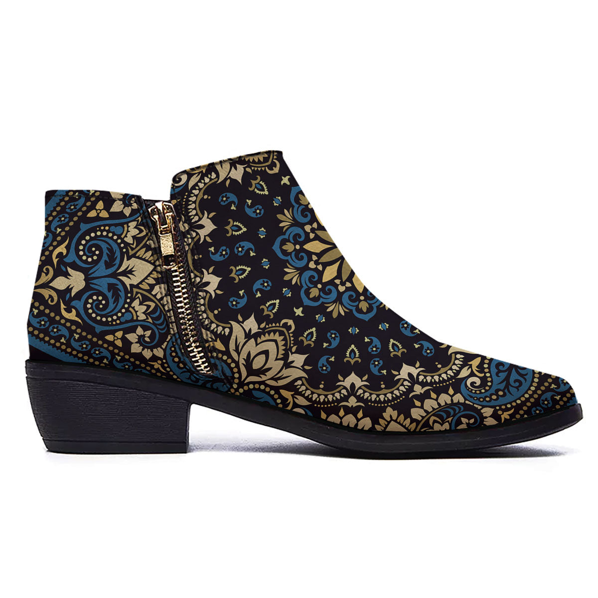 Gold Blue Paisley Bandana Print Ankle Boots-grizzshop