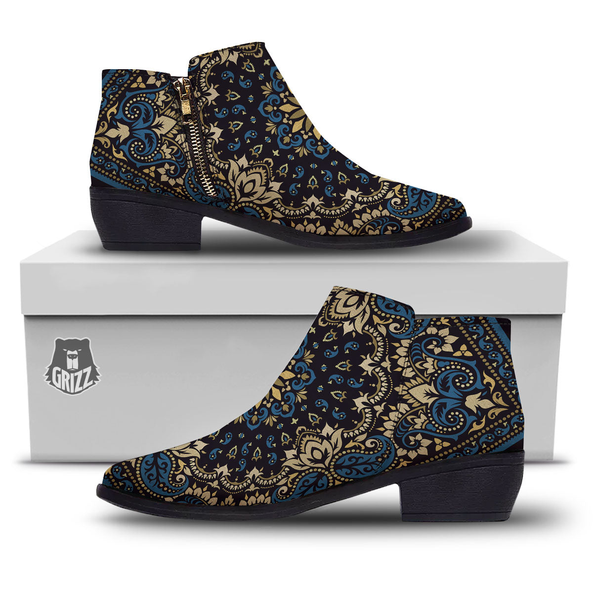 Gold Blue Paisley Bandana Print Ankle Boots-grizzshop