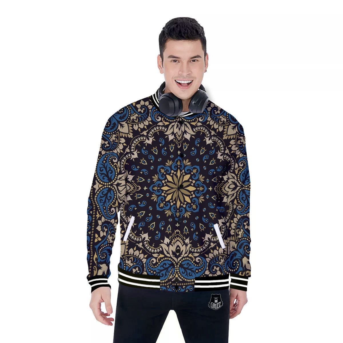 Gold Blue Paisley Bandana Print Baseball Jacket-grizzshop
