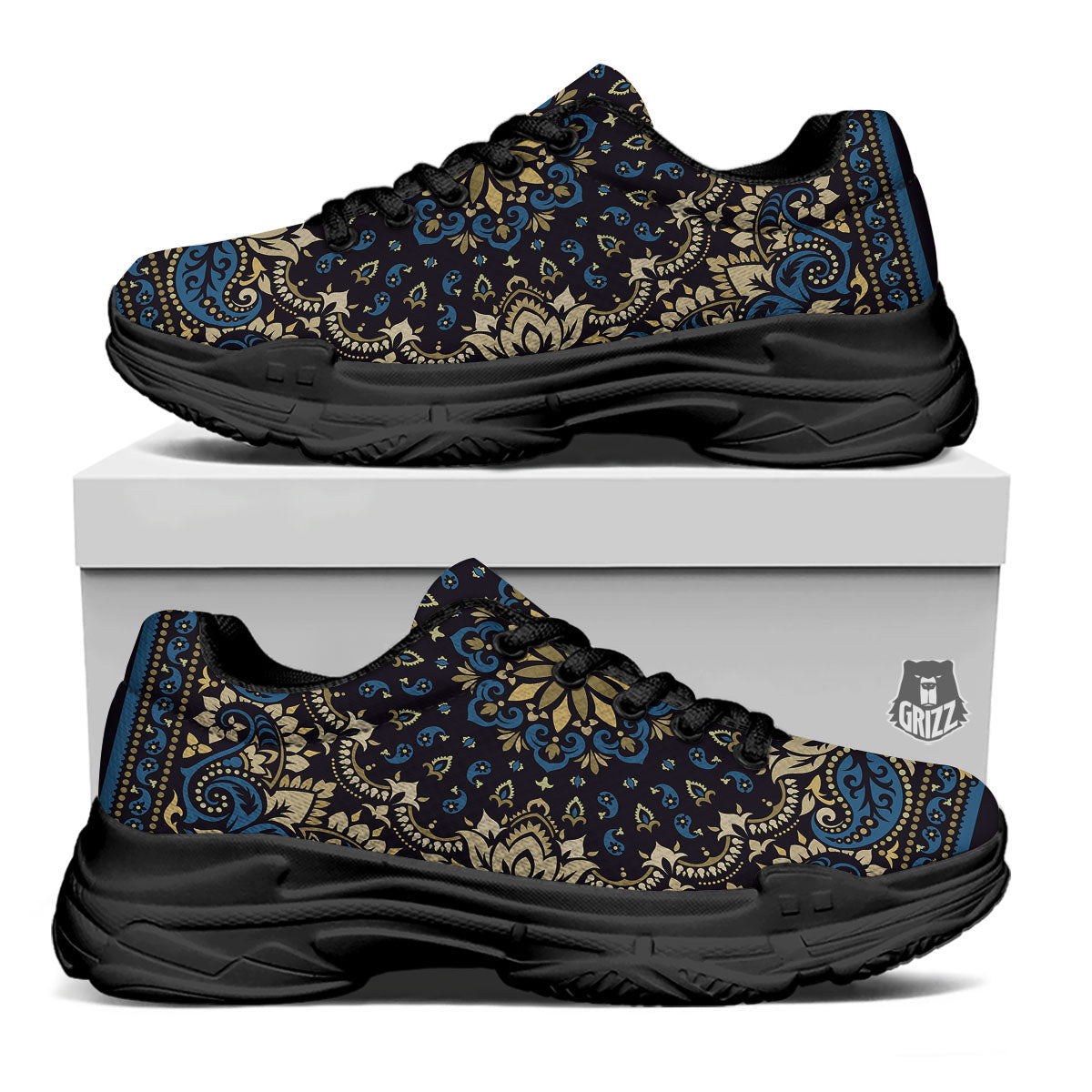 Gold Blue Paisley Bandana Print Black Chunky Shoes-grizzshop