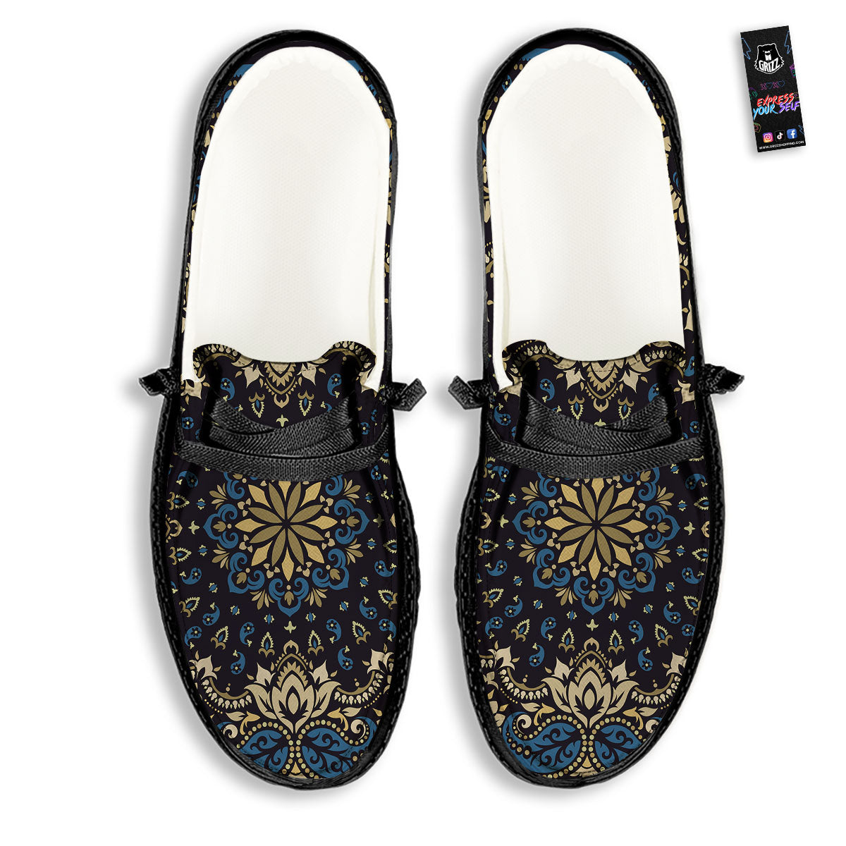 Gold Blue Paisley Bandana Print Black Loafers-grizzshop