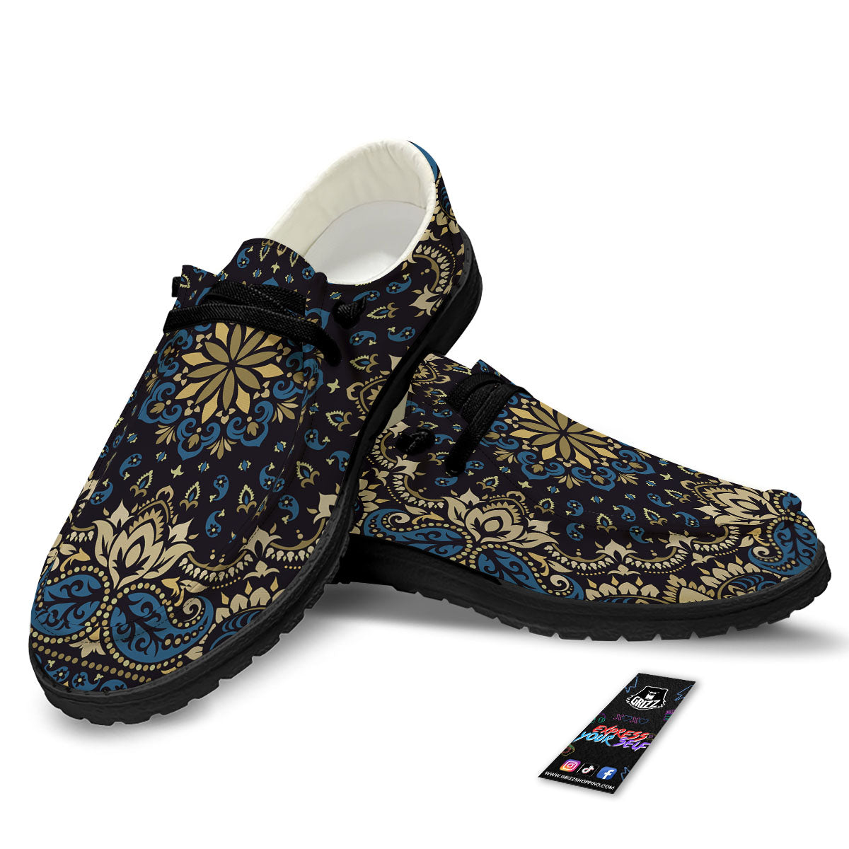Gold Blue Paisley Bandana Print Black Loafers-grizzshop