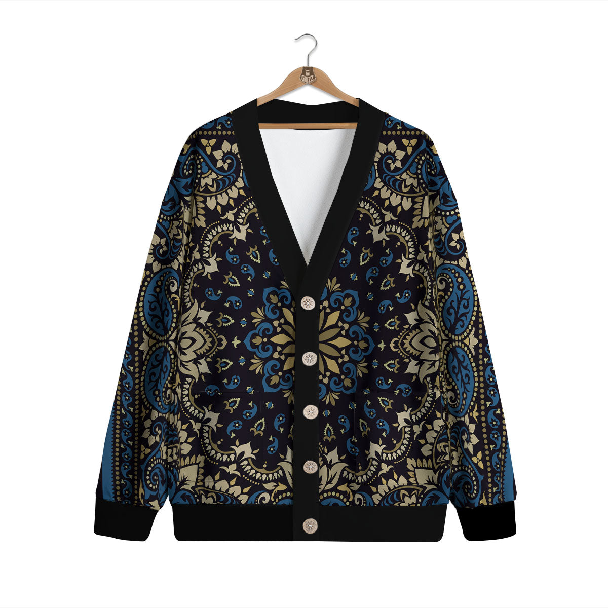 Gold Blue Paisley Bandana Print Cardigan-grizzshop