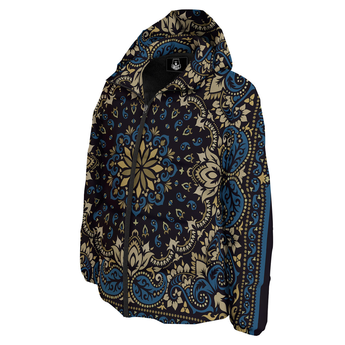 Gold Blue Paisley Bandana Print Down Jacket-grizzshop