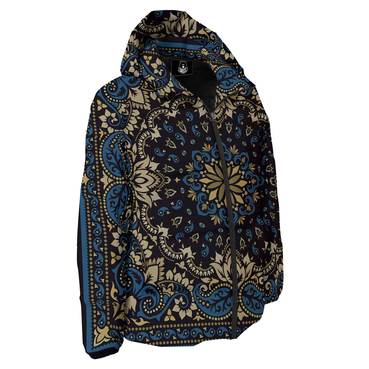 Gold Blue Paisley Bandana Print Down Jacket-grizzshop