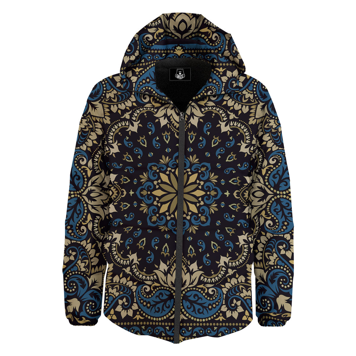 Gold Blue Paisley Bandana Print Down Jacket-grizzshop
