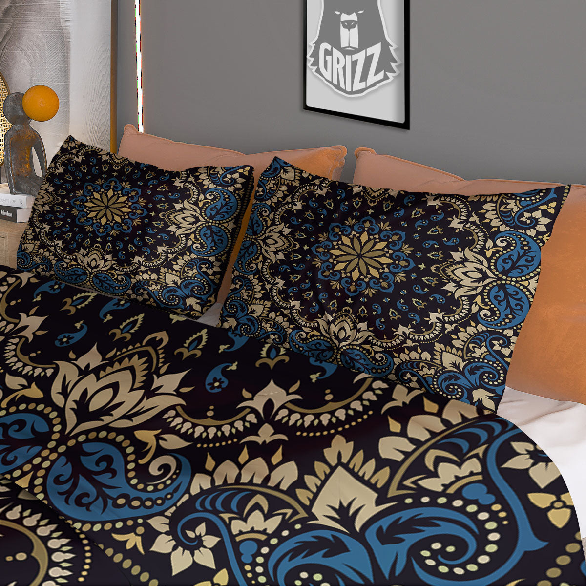 Gold Blue Paisley Bandana Print Duvet Cover Bedding Set