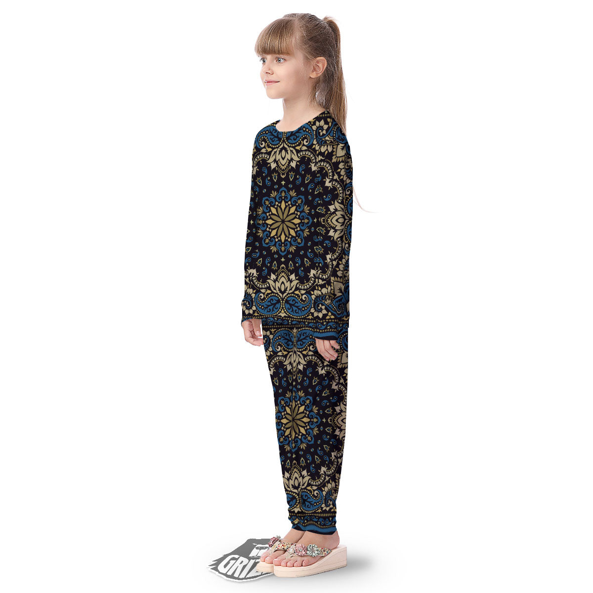 Gold Blue Paisley Bandana Print Kid's Pajamas-grizzshop