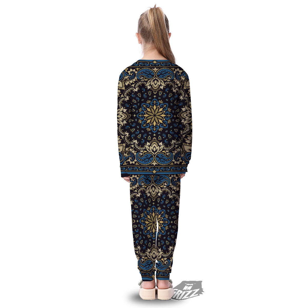 Gold Blue Paisley Bandana Print Kid's Pajamas-grizzshop