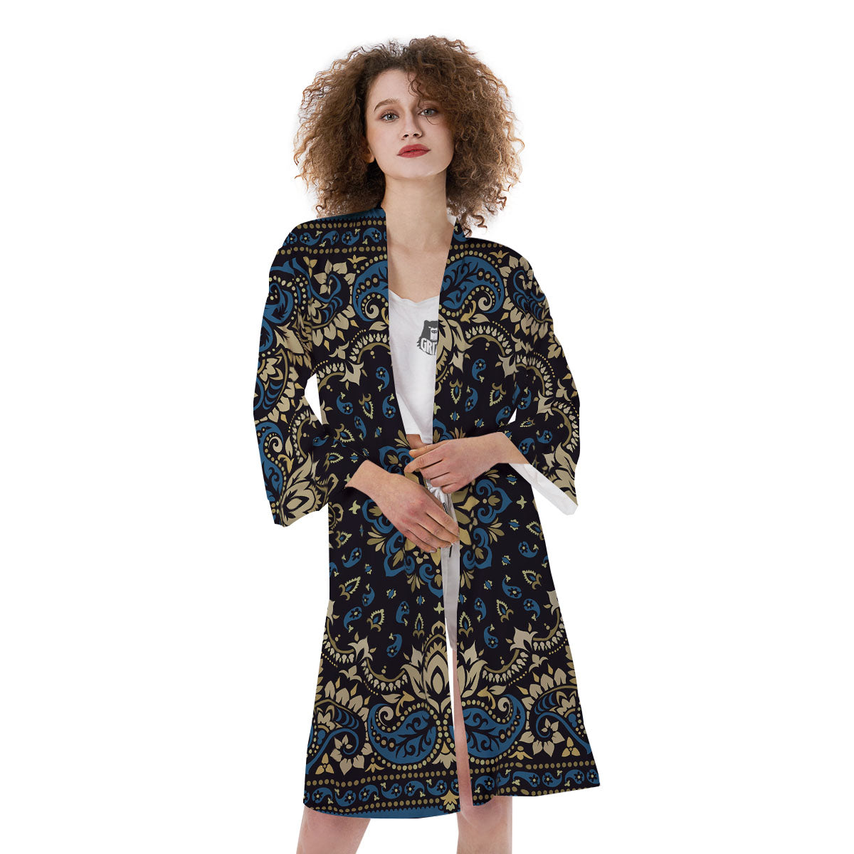 Gold Blue Paisley Bandana Print Kimono-grizzshop