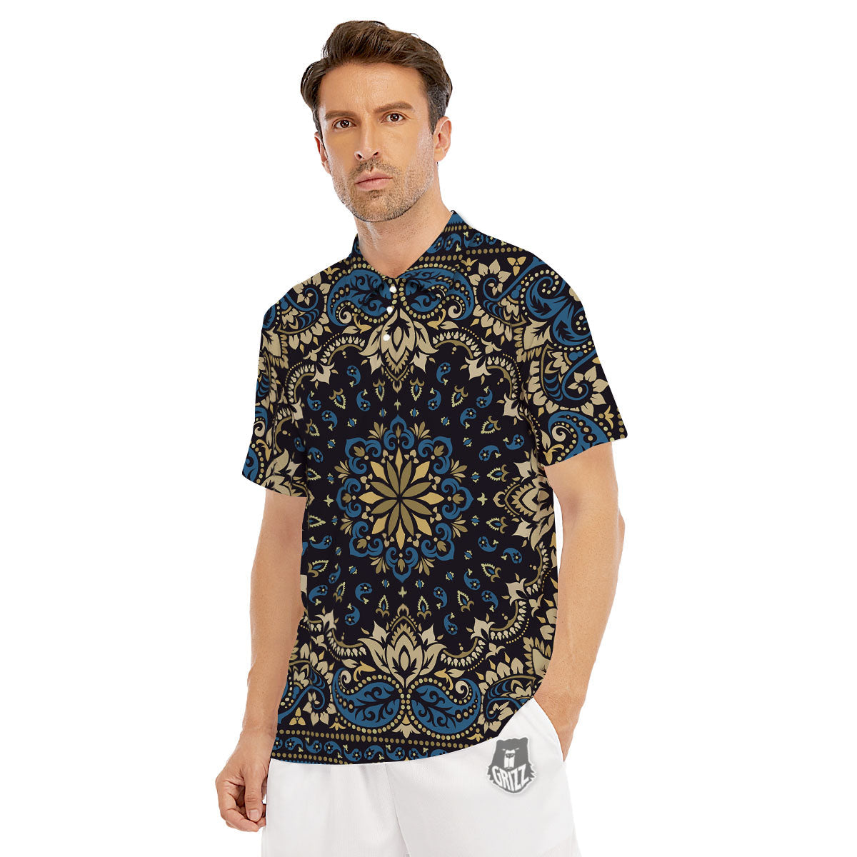 Gold Blue Paisley Bandana Print Men's Golf Shirts-grizzshop