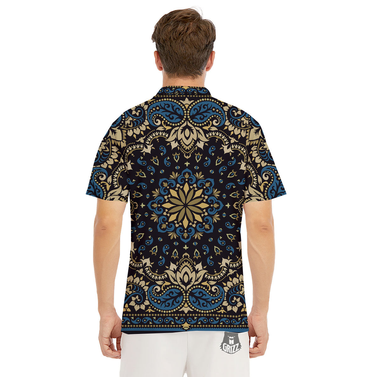 Gold Blue Paisley Bandana Print Men's Golf Shirts-grizzshop
