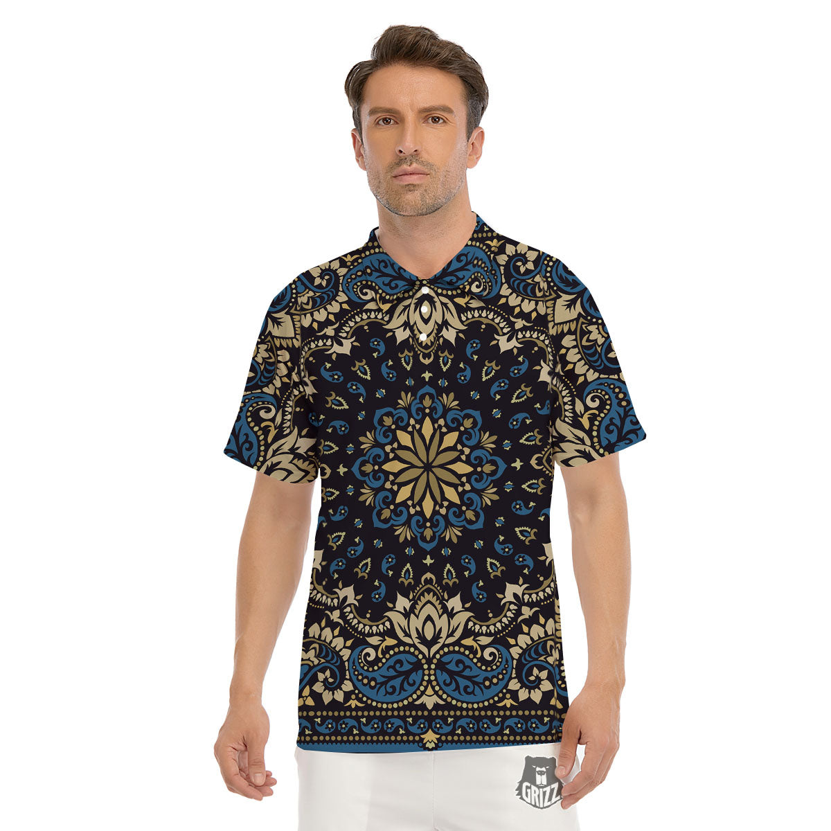 Gold Blue Paisley Bandana Print Men's Golf Shirts-grizzshop