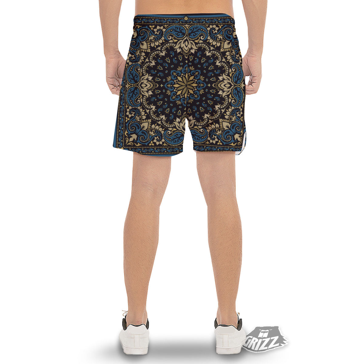Gold Blue Paisley Bandana Print Men's Gym Shorts-grizzshop