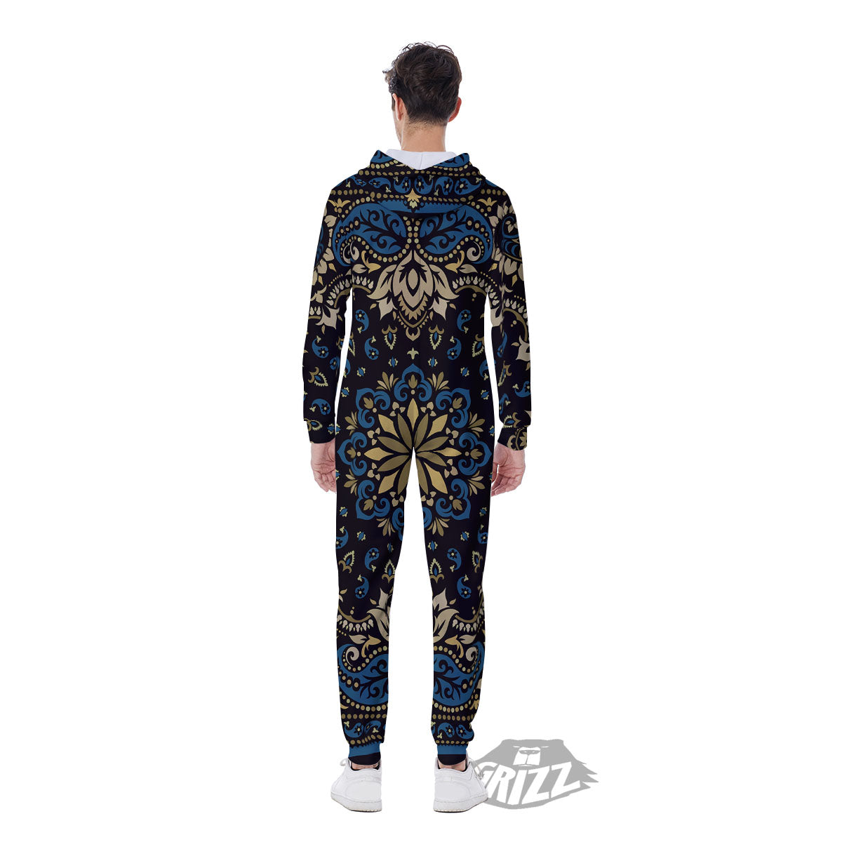 Gold Blue Paisley Bandana Print Men's Jumpsuit-grizzshop