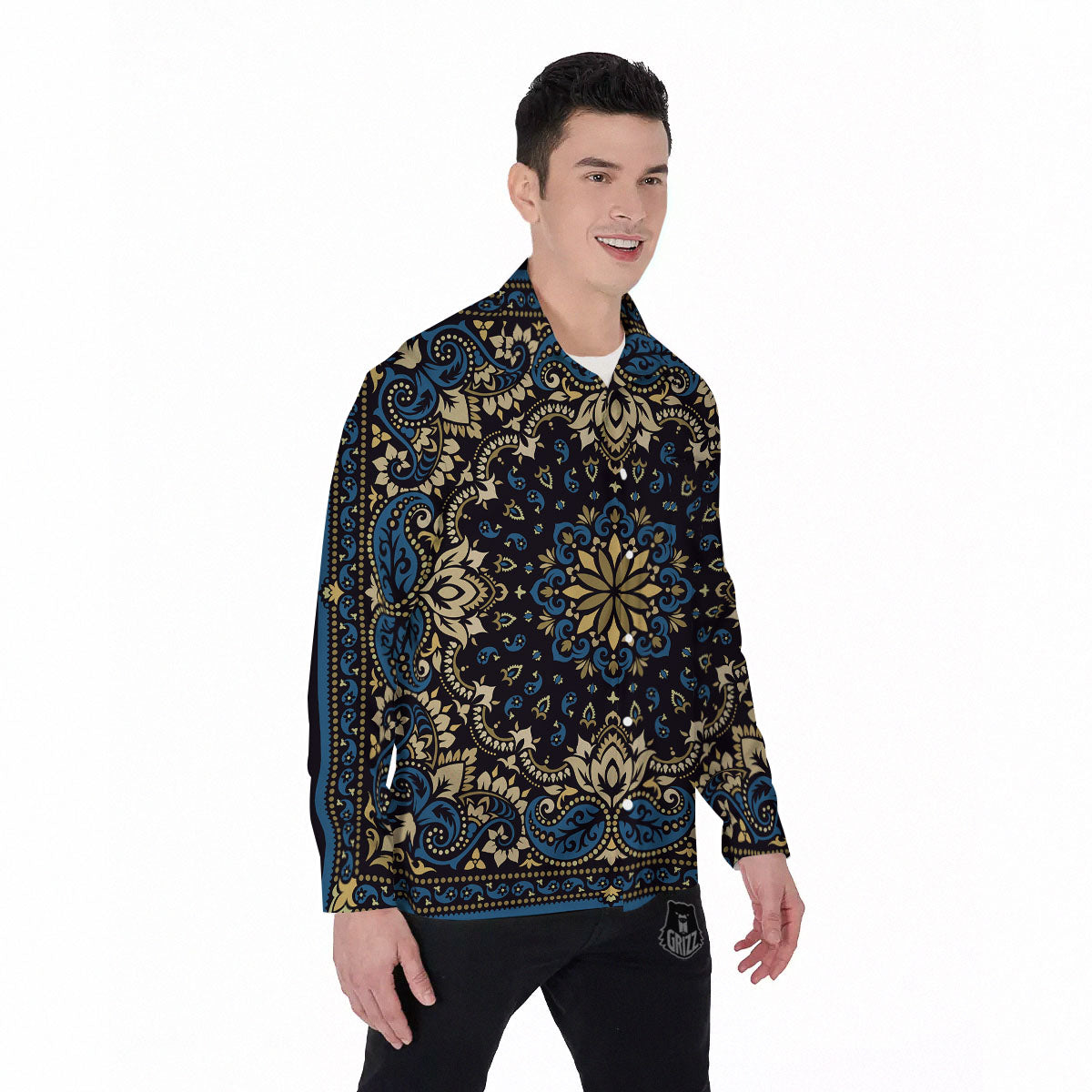 Gold Blue Paisley Bandana Print Men's Long Sleeve Shirts-grizzshop