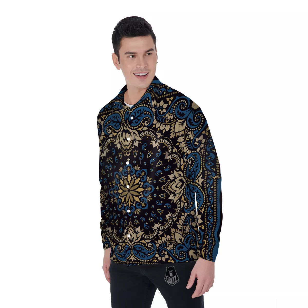 Gold Blue Paisley Bandana Print Men's Long Sleeve Shirts-grizzshop