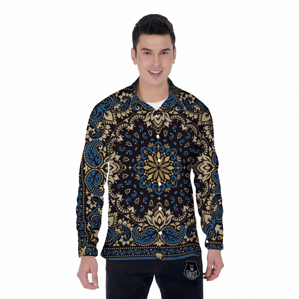 Gold Blue Paisley Bandana Print Men's Long Sleeve Shirts-grizzshop