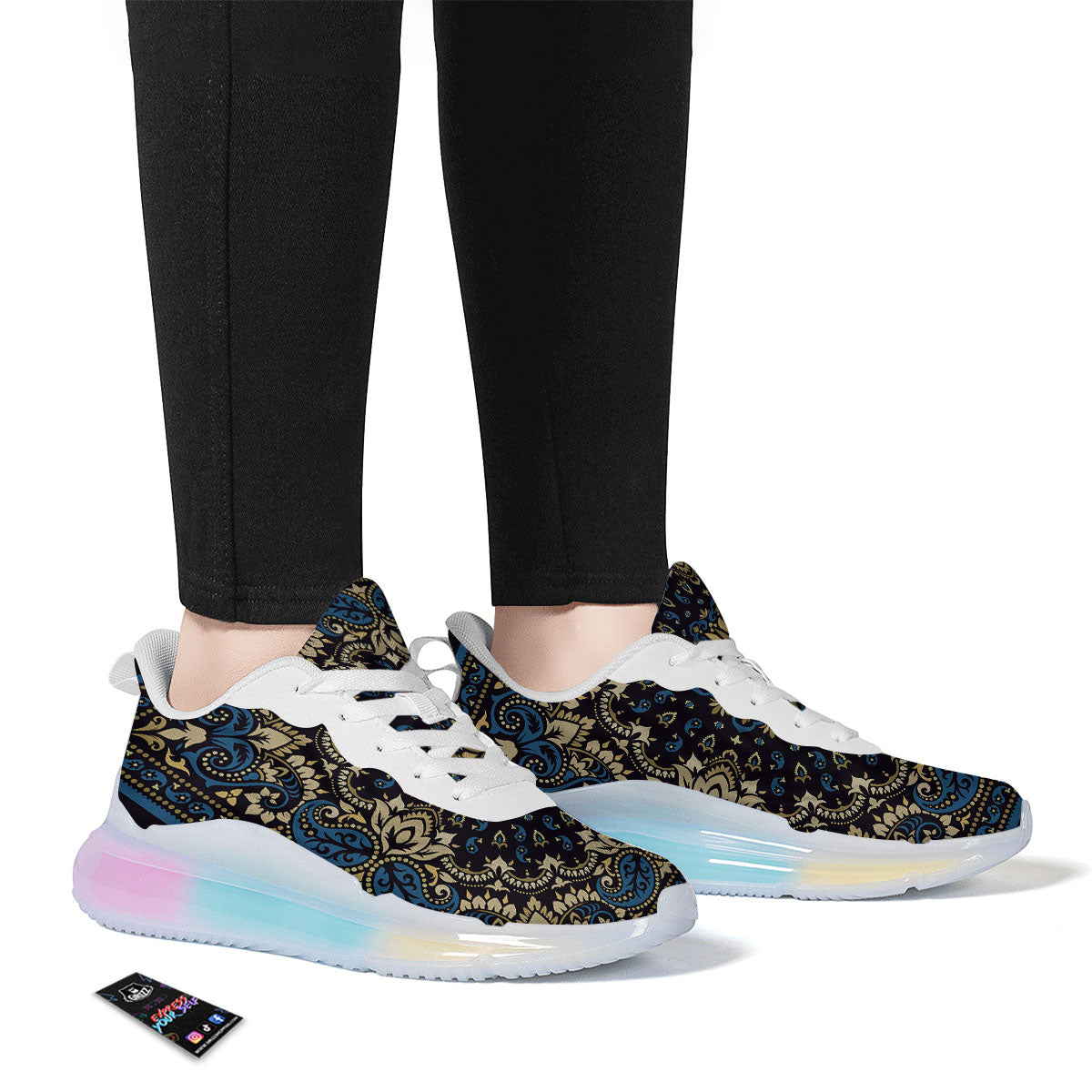 Gold Blue Paisley Bandana Print Running Sneakers-grizzshop