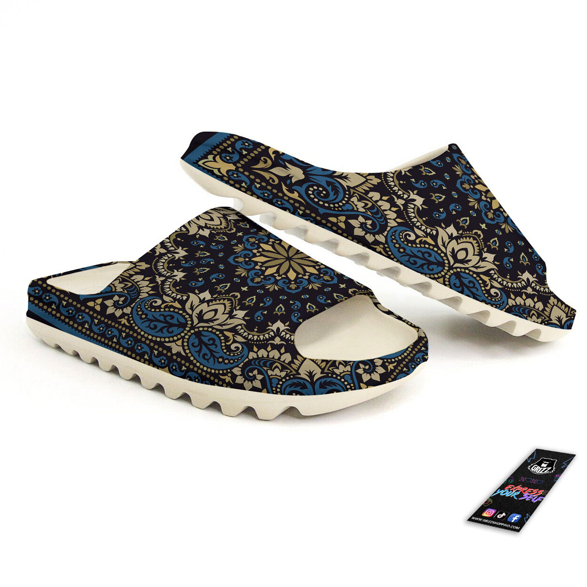 Gold Blue Paisley Bandana Print Sandals-grizzshop