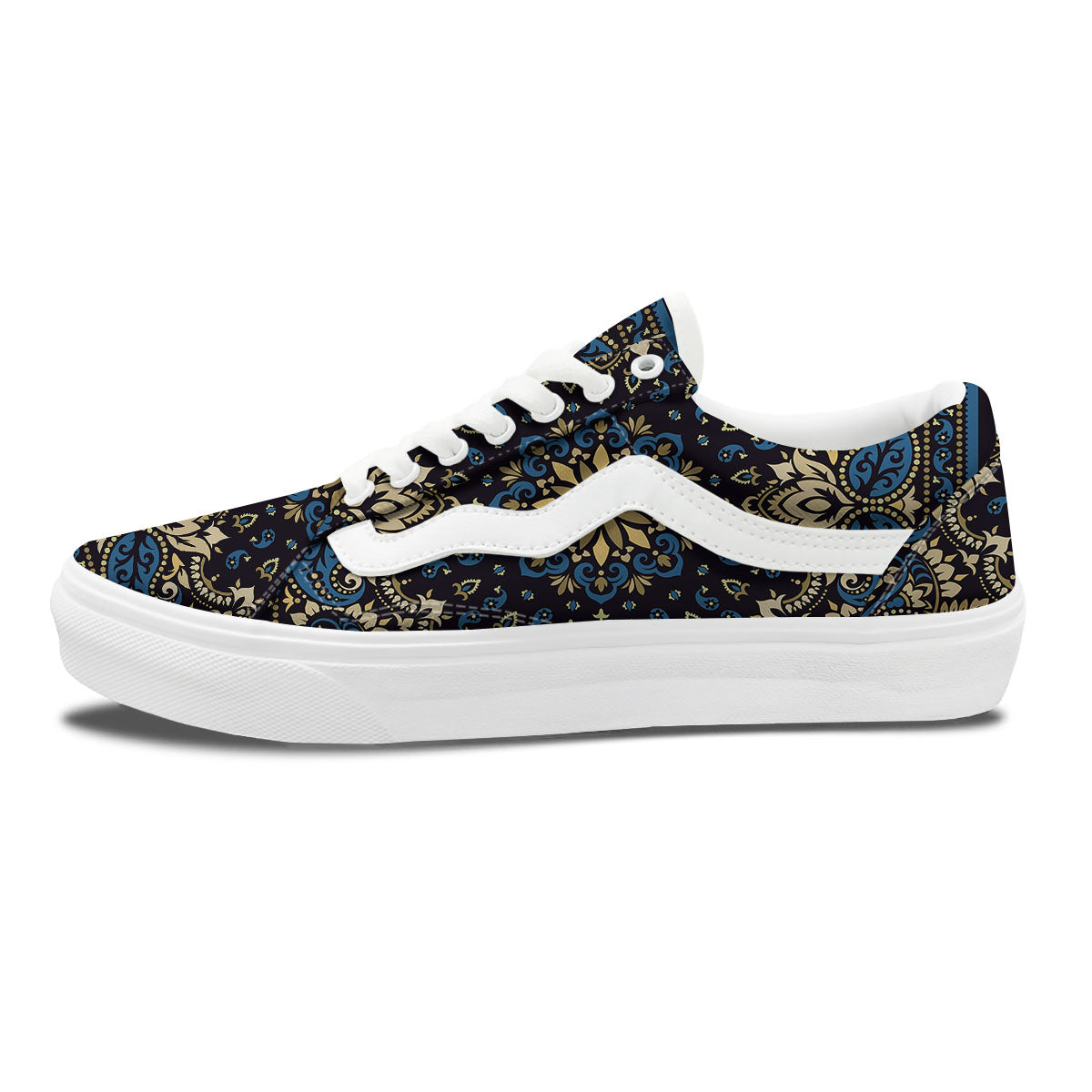 Gold Blue Paisley Bandana Print Skate Shoes-grizzshop