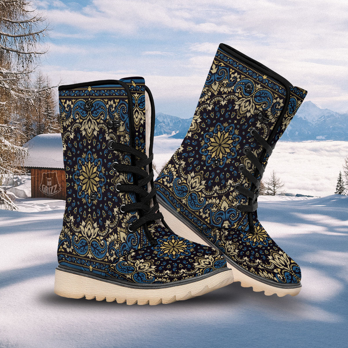 Gold Blue Paisley Bandana Print Snow Boots-grizzshop