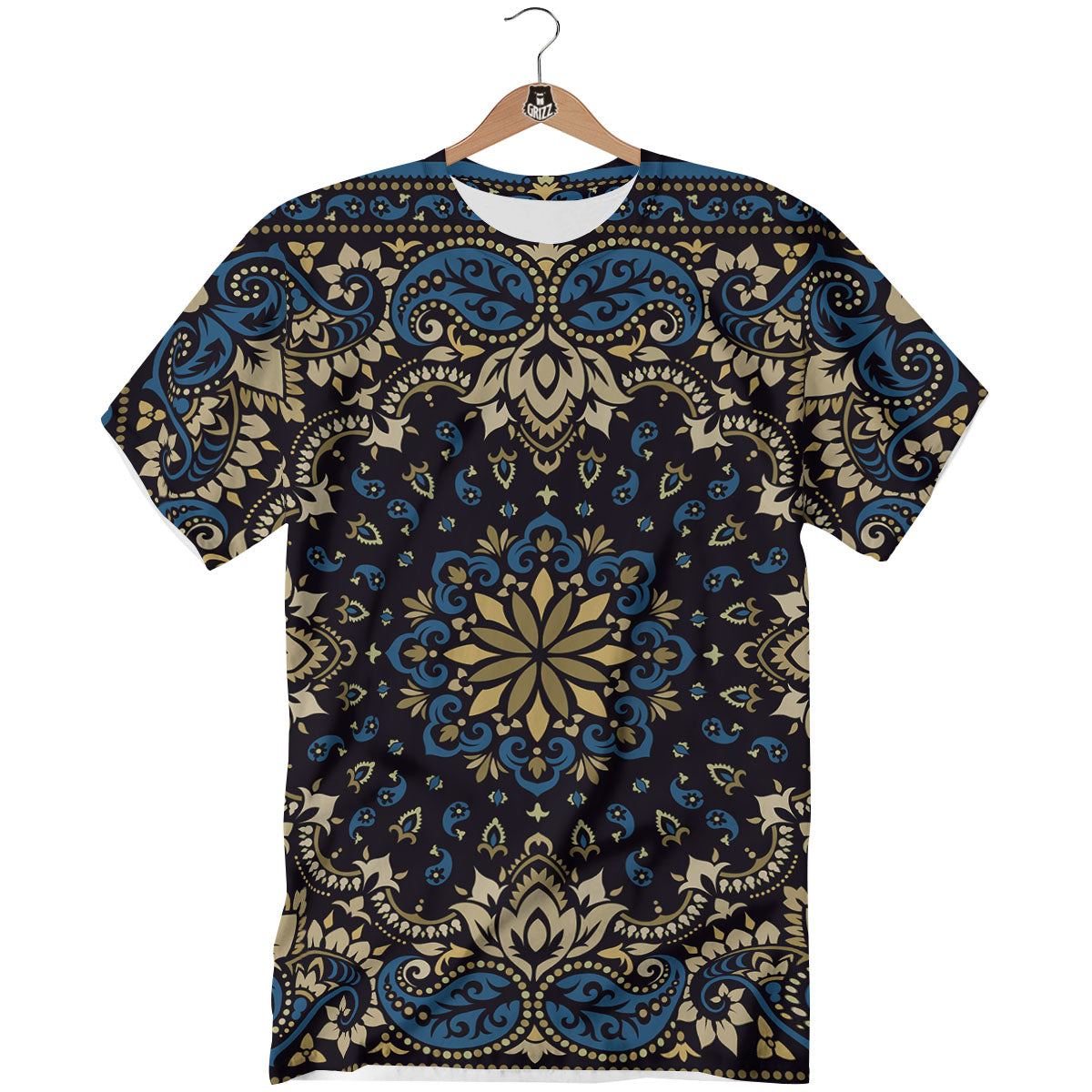 Gold Blue Paisley Bandana Print T-Shirt-grizzshop