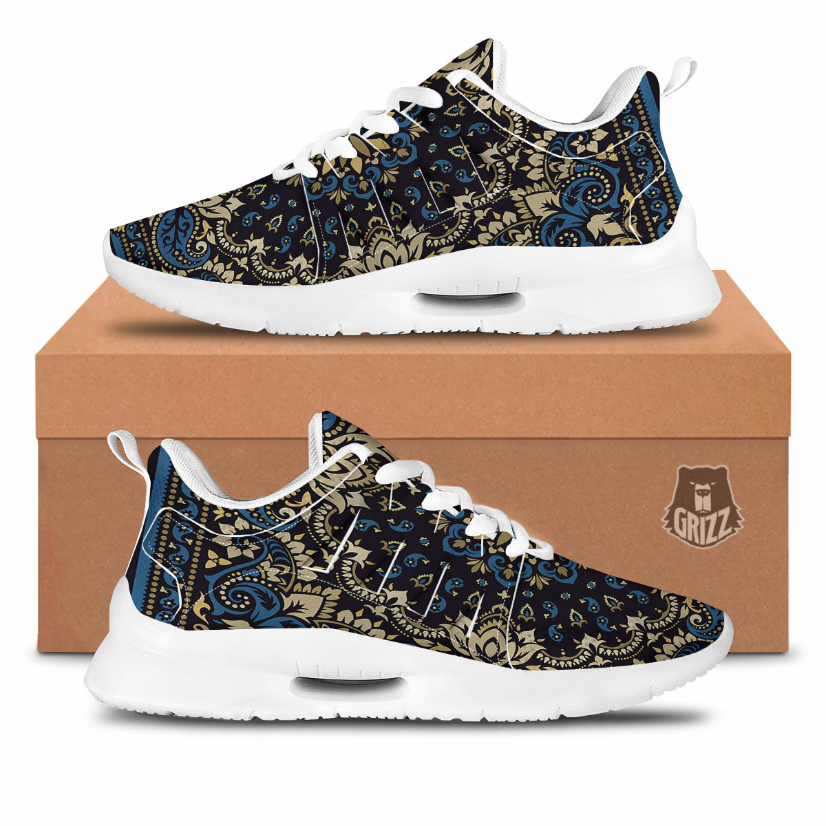 Gold Blue Paisley Bandana Print Tennis Shoes-grizzshop