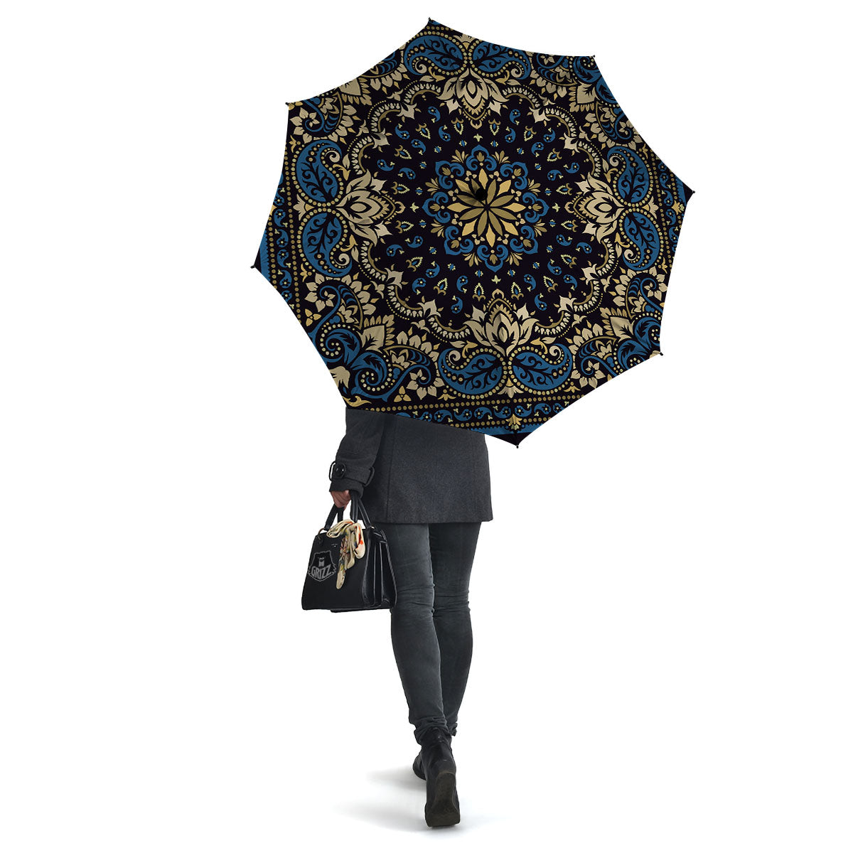Gold Blue Paisley Bandana Print Umbrella-grizzshop