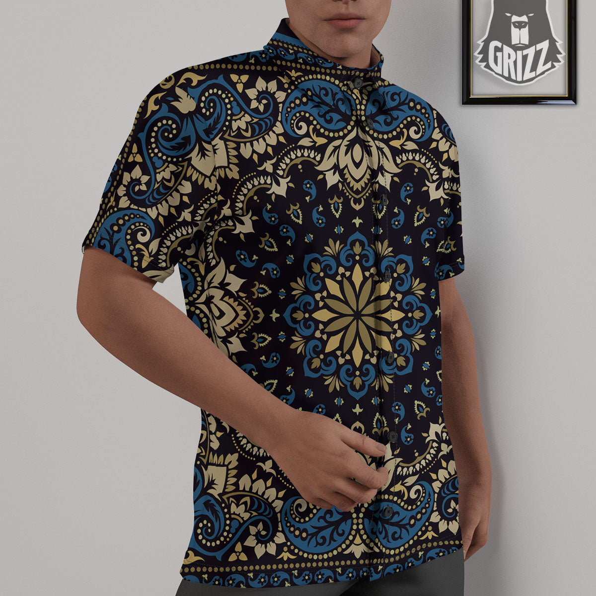 Gold Blue Paisley Bandana Print Untucked Shirts-grizzshop