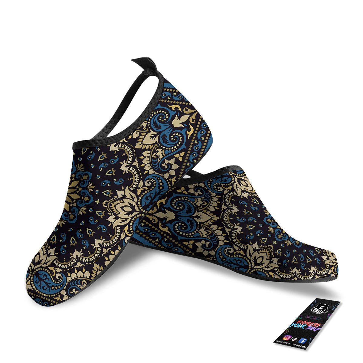 Gold Blue Paisley Bandana Print Water Shoes-grizzshop