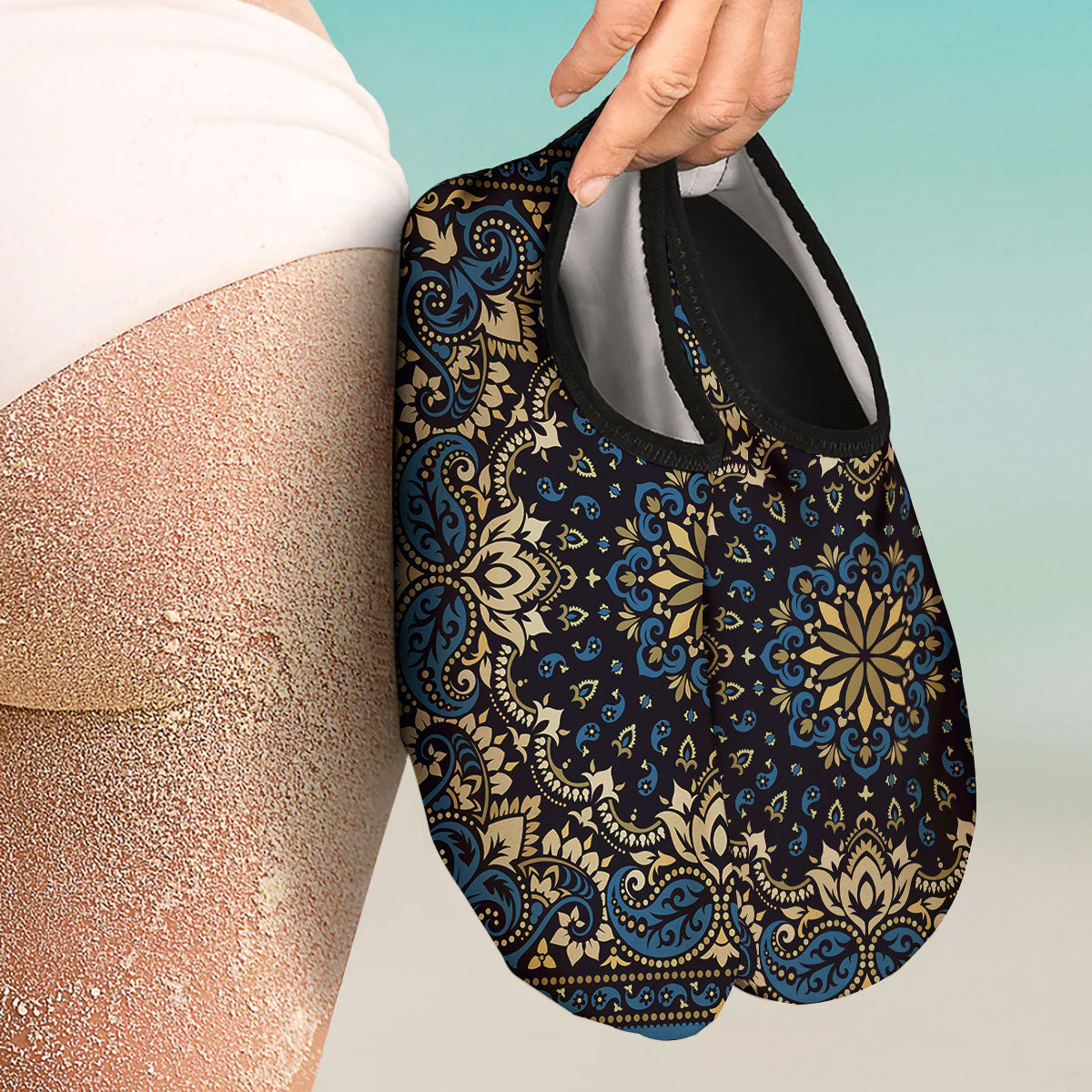 Gold Blue Paisley Bandana Print Water Shoes-grizzshop