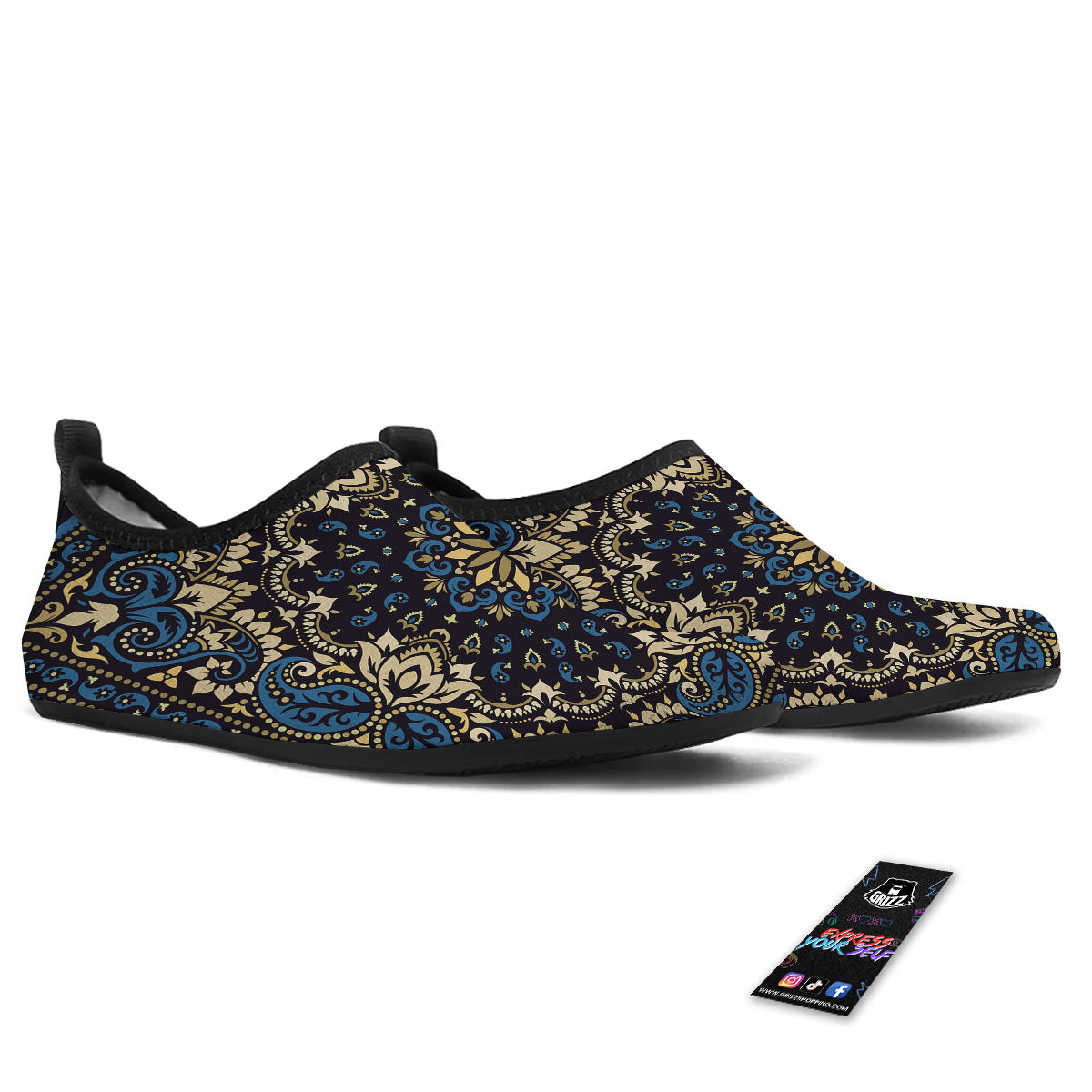 Gold Blue Paisley Bandana Print Water Shoes-grizzshop