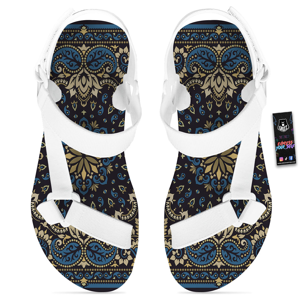 Gold Blue Paisley Bandana Print White Open Toe Sandals-grizzshop