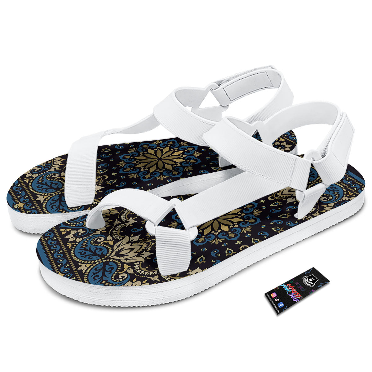 Gold Blue Paisley Bandana Print White Open Toe Sandals-grizzshop
