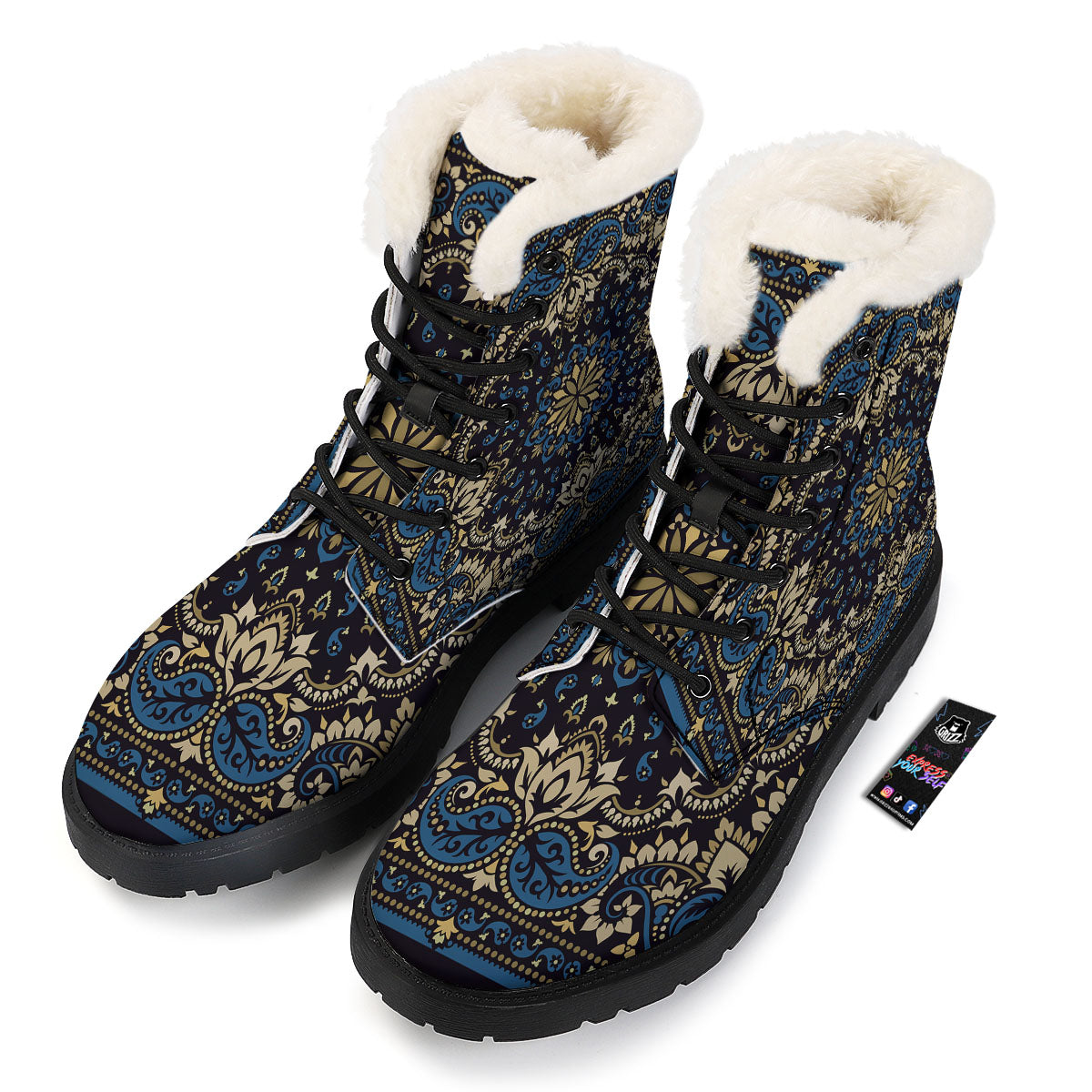 Gold Blue Paisley Bandana Print Winter Boots-grizzshop