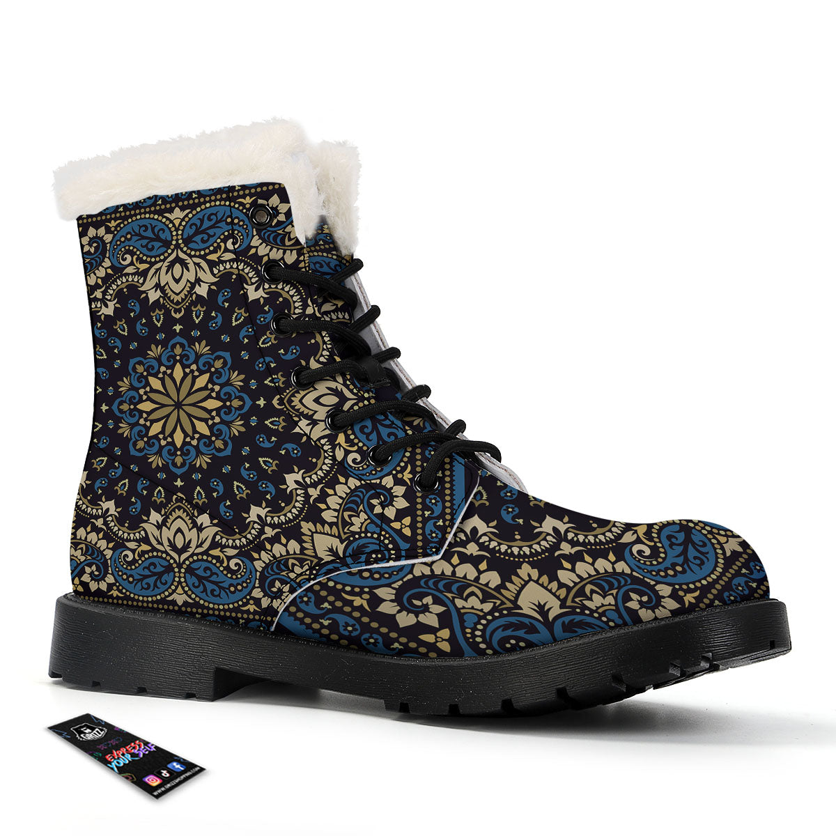 Gold Blue Paisley Bandana Print Winter Boots-grizzshop