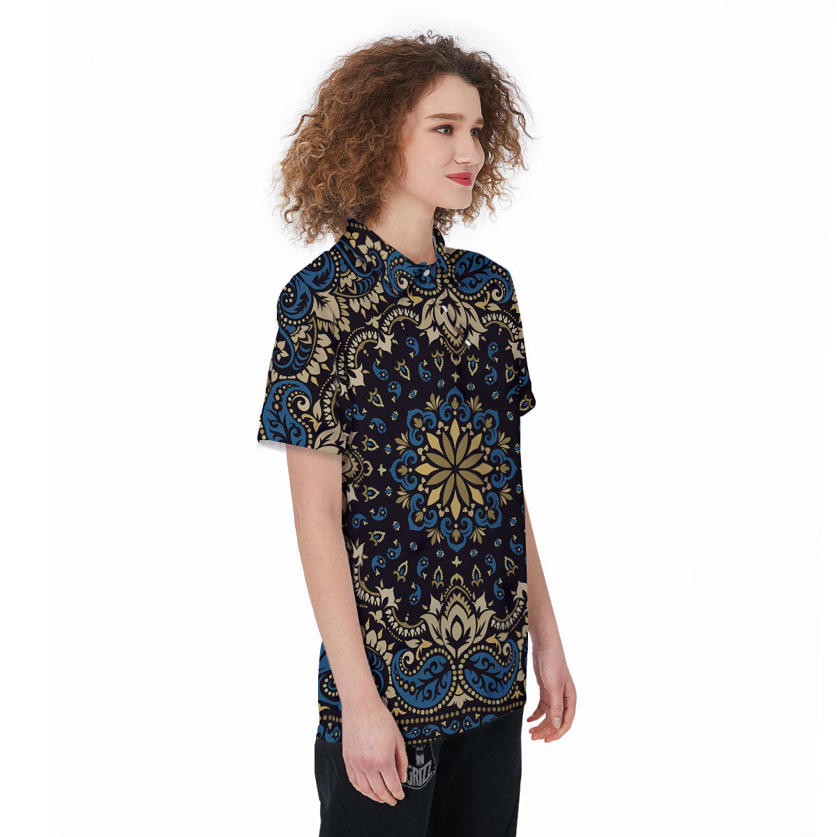 Gold Blue Paisley Bandana Print Women's Golf Shirts-grizzshop