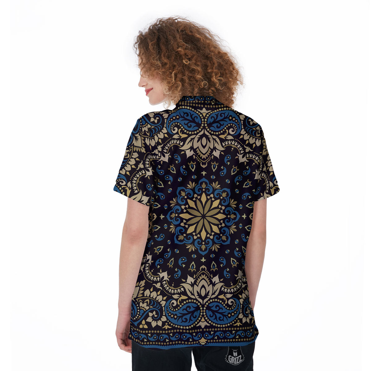 Gold Blue Paisley Bandana Print Women's Golf Shirts-grizzshop