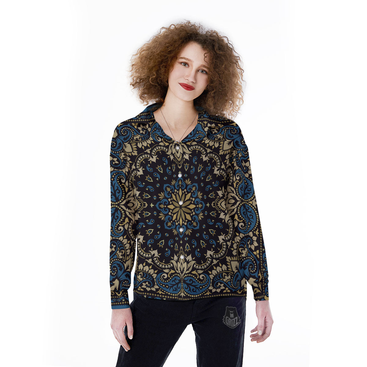 Gold Blue Paisley Bandana Print Women's Long Sleeve Shirts-grizzshop
