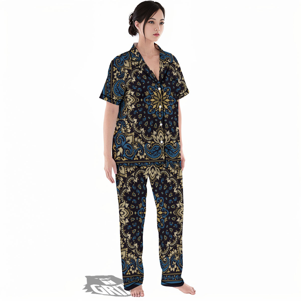 Gold Blue Paisley Bandana Print Women's Pajamas Set-grizzshop