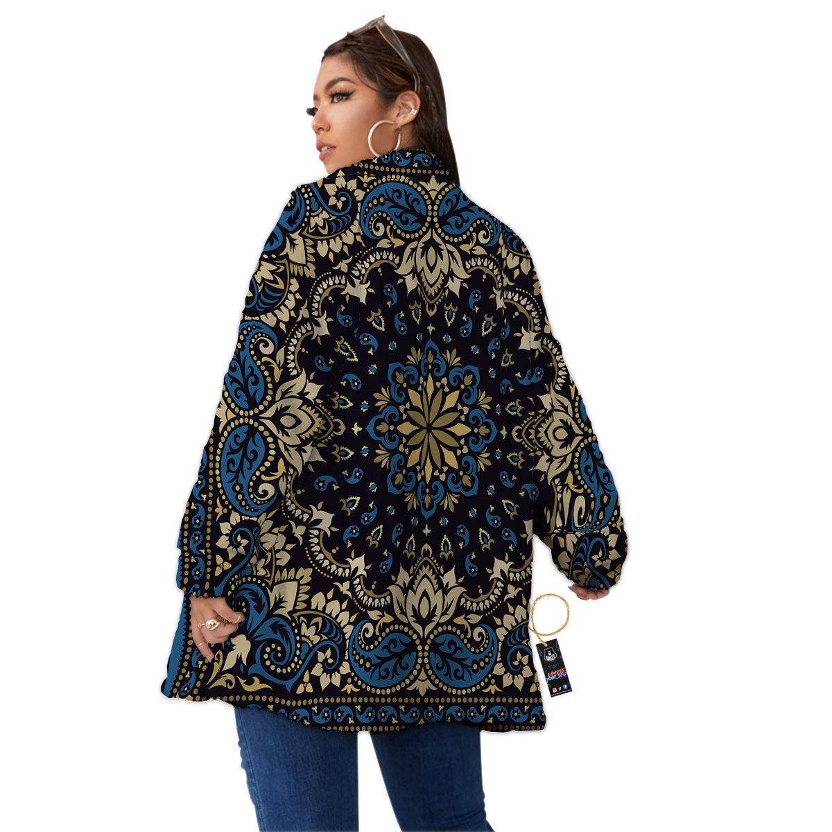 Gold Blue Paisley Bandana Print Women's Sherpa Jacket-grizzshop